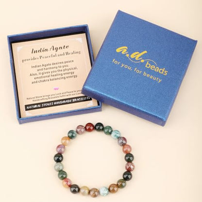 AD Beads Handmade Gemstone Stretch Elastic Bracelet Crystal Healing Reiki Nature's Beauty and Spiritual Essence Unisex - color: Indian Agate, size: 8mm
