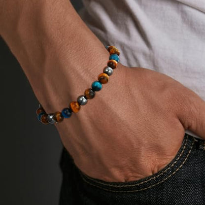 Gnamy Crystal Bracelet Gifts for Men Him- Triple Protection Hematite Black Obsidian Tiger Eye Gemstone Beaded Bracelets Birthday Healing Jewelry Gifts - style: Style 3