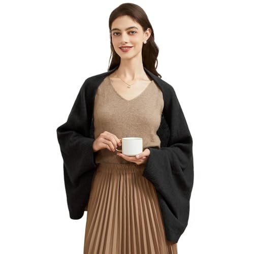 BRYCTSISEN Women's Lightweight Wool Shawl Wrap Scarf with Sleeves Outer Warm Knitted Open Front Poncho Cape Fall Winter - color: Black
