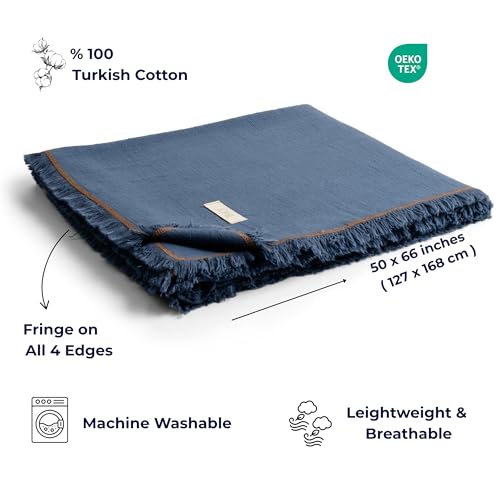 Odin Waffle Throw Blanket with Tassels, 50x66 Inch, 100% Turkish Cotton, Oeko-TEX Certified, Breathable Lightweight Throw for Couch, Sofa & Bed, Made in Turkey, Denim - color: Denim