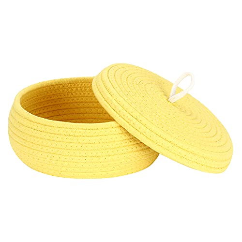 Sea Team Round Cotton Rope Storage Basket with Lid, Decorative Woven Storage Bin, Pot, Caddy, Organizer, Container for Snacks, Towels, Plants, 10 x 4.5 Inches (Small, Shallow, Yellow) - color: Yellow, size: Small/Shallow