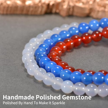 3PCS Agate Bracelet for Women Men Natural Round Beaded Agates Stone Healing Stretch Bracelets Elastic Handmade Polished Gemstone Beads Bracelet - color: Red+Blue+White