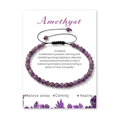 Crystal Bracelet for Women 4mm Adjustable Braided Natural Stone Bracelets Handmade Beaded Bracelets Gemstone Bracelet Healing Crystal Bracelet Crystal Jewelry for Women - style: amethyst
