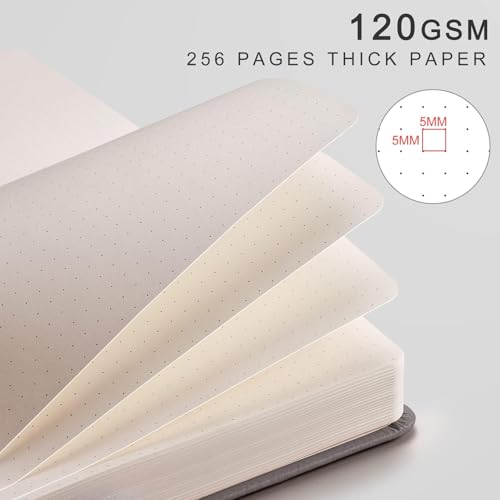 EMSHOI Dotted Journal Notebook, 256 Pages, 120 GSM Thick Paper, A5 Small 5.75"x8.38", PU Leather Hardcover, 5mm Dot Grid Notebook for Journaling, Planning, Drawing, Writing, Dark Grey - color: Dark Grey, size: A5-Dotted