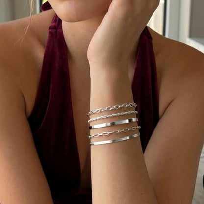 Dainty Gold Bracelet for Women Stack, Thin Bracelets Stackable Set with Bangle Cuff, Box, Herringbone, Paperclip, Figaro, Sparkling Link Chains Waterproof, Simple Jewelry Gifts for Women Non Tarnish - color: style 02-silver
