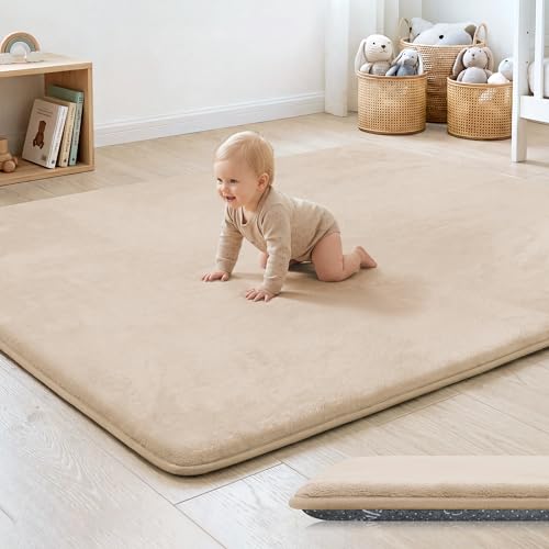 1.3" Thick Baby Floor Play Mat 79x118, Basic Padded Foam Mat for Tummy Time Crawling, Non Slip Cushioned for Babies Toddlers Infants Kids (Beige) - color: Beige, size: 79"x118"x1.3"