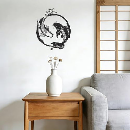 YATEASLU Yin Yang Koi Fish Metal Wall Art - Japanese Decor & Asian Wall Art with Zen Design, 11x13.2 Inch Black Iron Sculpture for Living Room, Bathroom & Yoga Room