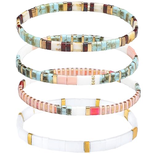 Jadive 4 Pcs Tila Flat Beaded Stretch Bracelets for Women Bohemian Friendship Bead Bracelets Glass Cute Boho Style Square Beaded Decorations for Jewelry Friend Gifts - color: Colorful