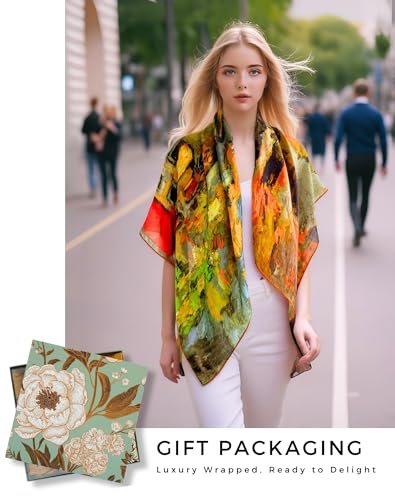 PoeticEHome Cashmere Scarf Wrap 36"x36" - Featherlight & Wrinkle-Free Artistic Square Shawl for Travel & Office, Gift Ready - color: Village Street in Auvers - 36"