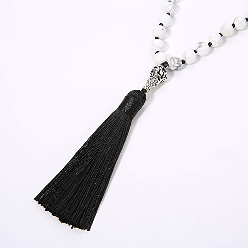108 Mala Beads Necklace Semi-Precious Gem Stones Meditation Necklace 108 Hand Knotted Japa Mala Beaded Tassel Necklace with Tree of Life Pendant - color: Natural White Howlite（Black Tassel）