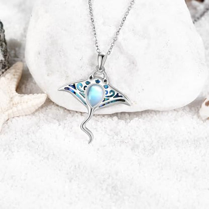 Sterling Silver Cute Animal Pendant Necklace Fox/Snake/Unicorn/Owl on Moon/Rabbit/Horse Necklace Jewelry for Women Mom Sister - style: Stingray