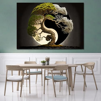 Yin And Yang Wall Art, Abstract Bonsai Tree Wall Art, Zen Meditation Wall Decor, Modern Yin Yang Framed Poster For Bedroom Ready To Hang (Framed,12×18 inch) - size: 12×18 inch