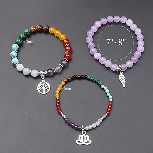 Tree of Life Yoga Healing Stone Bracelets,Multilayer Lotus Chakra Stone Reiki Bracelet Sets,Anxiety Crystal Natural Stone,for Women Stress Relief - style: Chakra+Purple jade