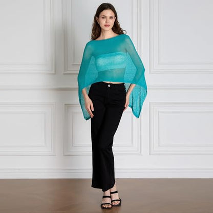 Women Sheer Poncho Top Knit Crochet Lightweight See Through Shawl Summer Shrug Beach Cover Up - color: A1 Blue