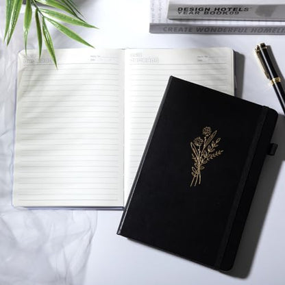 Lined Journal Notebook for Women Cute Leather Journals for Writing Aesthetic Floral Diary 192 Pages A5 Hardcover Journaling Notebooks with Pen Loop, 5.7 x 8.3 in, Black - color: Black