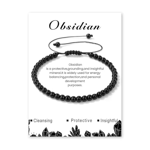 Crystal Bracelet for Women 4mm Adjustable Braided Natural Stone Bracelets Handmade Beaded Bracelets Gemstone Bracelet Healing Crystal Bracelet Crystal Jewelry for Women - style: obsidian