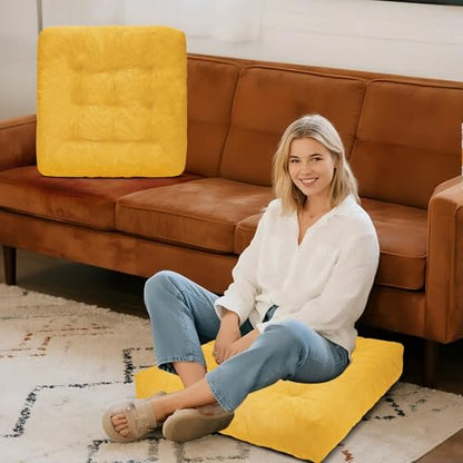 Meditation Floor Pillow Set of 2, Square Large Pillows Seating for Adults, Tufted Corduroy Cushion for Tatami Living Room, 22x22 Inch FP-Yellow