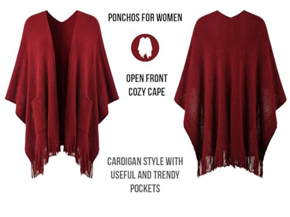 Ferand Shawl Wraps for Women, Cozy Lightweight Poncho Cape with Pockets, Warm for Fall Winter Travel - color: Burgundy
