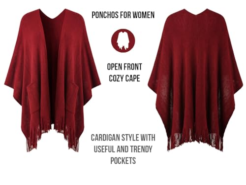 Ferand Shawl Wraps for Women, Cozy Lightweight Poncho Cape with Pockets, Warm for Fall Winter Travel - color: Burgundy