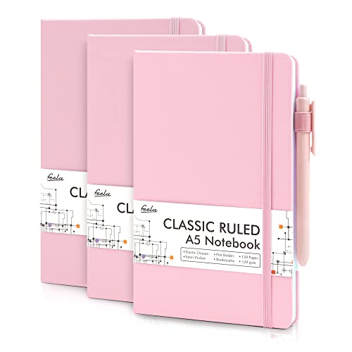 feela 3 Pack Notebooks Journals Bulk, Hardcover Notebook Classic Ruled Lined Journals with Pen Holder for Women Girls School Business Supplies, with 3 Black Pens, 120 GSM, 5.1”x8.3”, A5, Rose Pink - color: 3 Rose Pink