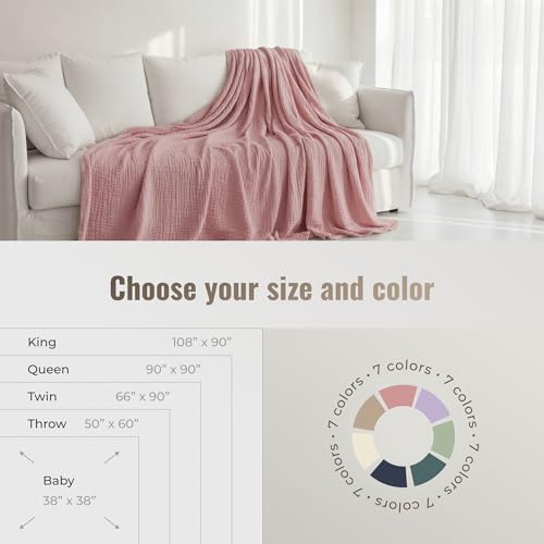 4-Layer Muslin Cotton Queen Bed Blanket (90 x 90 inches) – Ultra Soft Breathable Gauze, Lightweight All-Season Cozy Blanket, Machine Washable – Pink - color: Pink, size: Queen (90 x 90 inches)