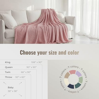 4-Layer Muslin Cotton Queen Bed Blanket (90 x 90 inches) – Ultra Soft Breathable Gauze, Lightweight All-Season Cozy Blanket, Machine Washable – Pink - color: Pink, size: Queen (90 x 90 inches)