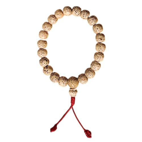Handcrafted Lotus Seed Prayer Bead Bracelet, Traditional Himalayan Mala, Red Tassel, Natural Speckled Beads