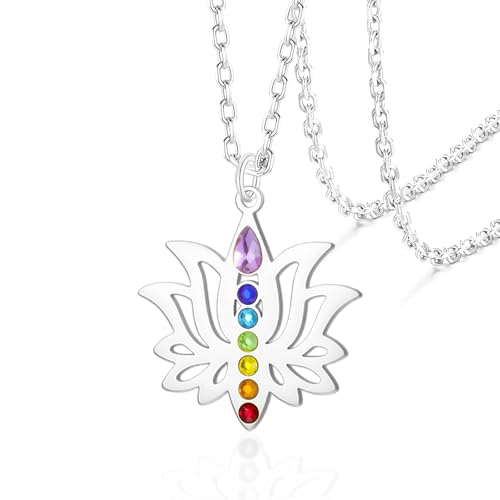 VASSAGO Lotus Flower Chakra Necklace for Women Lotus Flower Necklace 7 Chakra Pendant OM Symbol Buddha Amulet Spiritual Healing Jewelry Yoga Meditation Gift - color: Silver