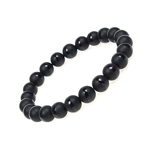 MJDCB Featured Men Women 8mm Beads Bracelet Elastic Natural Stone Yoga Bracelet Bangle 6.7" - color: White Line Matte Black Agate