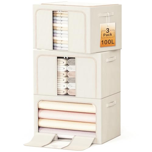 Clothes Storage Bins with Metal Frame, Foldable Clothes Organizers Storage Containers for Clothes, Sheets, Blankets, Pillows and Towels (100L, 3 Pack) Beige - color: Beige, size: 100L(23.6''X16.5"X15.7")