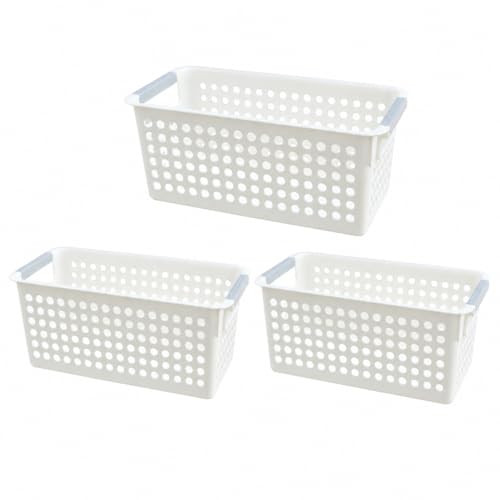 Basicwise Set of 3 White Rectangular Plastic Storage Basket with Easy-Grip Handles Ventilated Organizer Bin for Bathroom Pantry Closet Laundry Kitchen Shelf Countertop & Home Organization Essentials - size: Set of 3