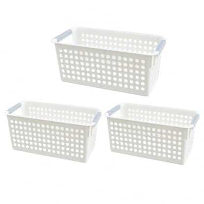 Basicwise Set of 3 White Rectangular Plastic Storage Basket with Easy-Grip Handles Ventilated Organizer Bin for Bathroom Pantry Closet Laundry Kitchen Shelf Countertop & Home Organization Essentials - size: Set of 3