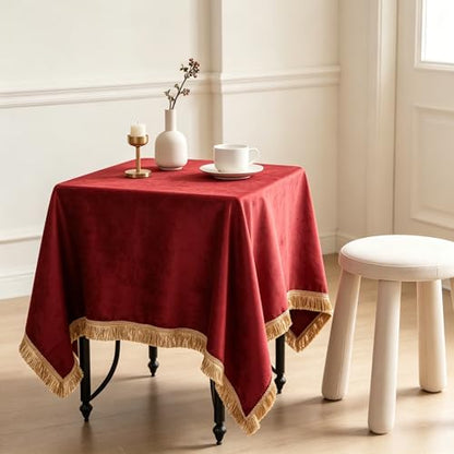 Velvet Tablecloth Luxurious Red Rectangle Table Tablecloth Thickset with Luxurious Gold Tassels Table Cloth for Home Decor Christmas Wedding, Party, Banquet and Events 36X36inch