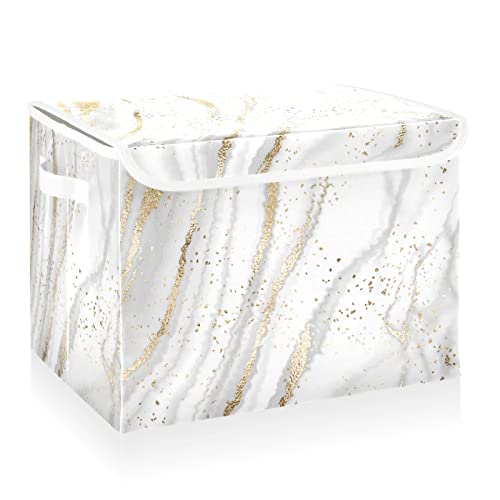 CaTaKu Large Fabric Storage Bins With Lids, Gold White Marble Storage Boxes With Handles for Organizing Clothes, Collapsible Storage Cube Bins Baskets for Shelves - color: Marble Gold