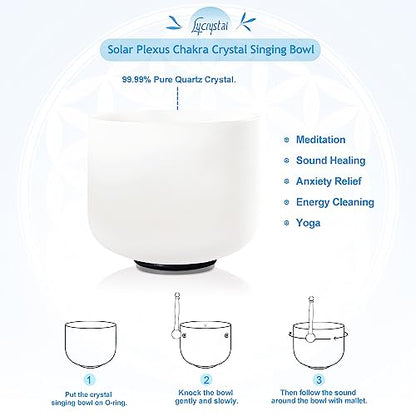 Singing Bowl 8 Inch E Note Solar Plexus Chakra Frosted Quartz Crystal Sound Bowl Mallet and O-ring For Sound Healing Meditation - color: white 3, size: 8"E