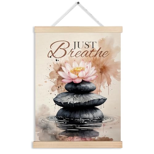 FITIE Just Breathe Zen Lotus Flower Canvas Wall Art Poster Hanger Frames, Motivational Zen Spiritual Wall Decor Prints for Bedroom Meditation Yoga Spa Room Calming Corner, 12x16 Inch