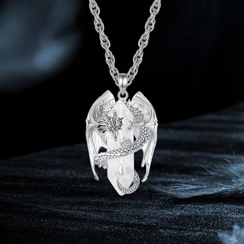 INFUSEU Unique Dragon Necklaces with Healing Crystal Stone for Men Women, Personalized Spiritual Gifts, 24 Inch Chain - color: Clear