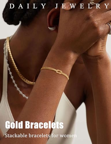 KOHOTA Silver Gold Bracelets for Women Trendy 14K Gold Plated Bracelet for Women Non Tarnish Dainty Stackable Layered Chain Heart Pearl Knot Beaded Bracelets Stack Set Charm Mothers Day Jewelry Gifts - color: A.Knot-gold