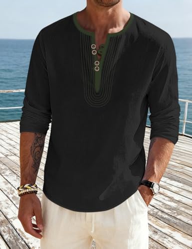 Mens Linen Shirts Henley T-Shirts Long Sleeve Tops Casual Beach T-Shirts Yoga Shirts for Men - color: Black, size: Large