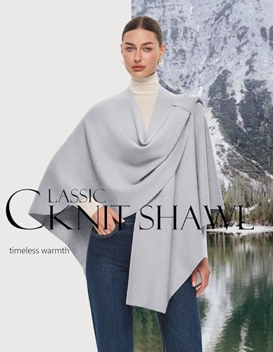 PULI Womens Large Cross Front Poncho Sweater Wrap Topper Knitted Elegant Shawls Cape for Fall Winter - color: Extra Warm Heather Grey