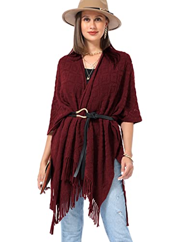 Soul Young Knit Shawl Wrap for Women Ladies Fringe Poncho Blanket Cardigan Cape - color: Z Rhombus Burgundy