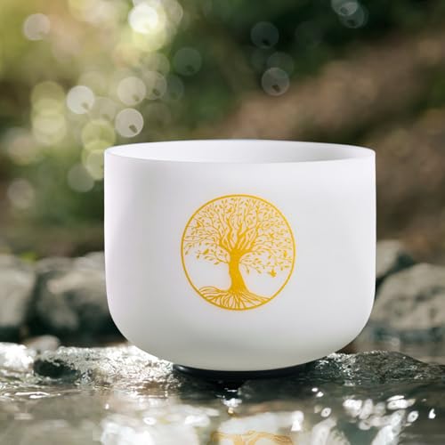 432HZ 8 Inch F Note Heart Chakra Crystal Singing Bowl Sound Healing, Frosted Quartz Crystal Tree of Life Sound Bowl, Sude and O-ring For Sound Healing Meditation - color: white Tree of Life, size: 8"F