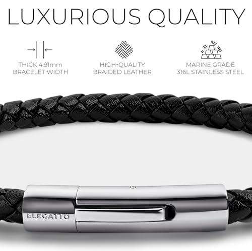 Elegatto Elagio Premium Braided Leather Bracelet for Men | Full-Grain Braided Leather with Sterling Silver Polished Stainless Steel Clasp | Men’s Designer Bracelets
