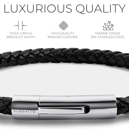 Elegatto Elagio Premium Braided Leather Bracelet for Men | Full-Grain Braided Leather with Sterling Silver Polished Stainless Steel Clasp | Men’s Designer Bracelets