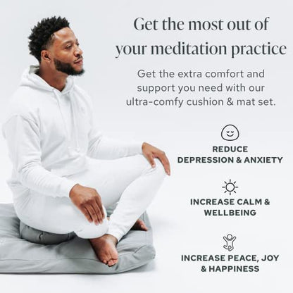 Mindful Modern Meditation Cushion & Zabuton Meditation Mat Bundle - 100% Cotton Meditation Cushion Set for Yoga - Buckwheat Crescent Shaped Zafu Floor Pillow Rectangular Mat - Slate Grey Color