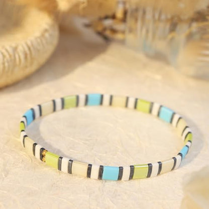 Tila Flat Beaded Stretch Bracelets for Women, Trendy Unique Handmade Stackable Green Blue Square Beads Miyuk Link Bracelet Summer Jewelry Gift - color: Turquoise Green