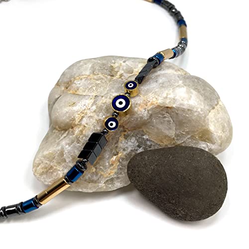Healing Stress Anxiety Meditation Grounding Energy Gemstone Necklace Series - color: Black Blue Hematite -4 mm- Tube Beads & Evil Eye