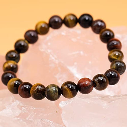 8mm Natural Gemstone Stretch Bracelet, Handmade Unisex Crystal Bracelets for Meditation, Yoga, Spiritual Healing & Positive Energy - color: Multicolor Tiger Eye