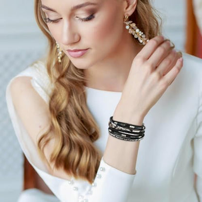 Fesciory Leather Wrap Bracelets for Women, Boho Leopard Multi-Layer Crystal Beads Cuff Bracelet Jewelry - color: Boho Braid(Black)