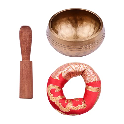 Tibetan Singing Bowl Set with 8cm/3inch Handmade Metal Sound Bowl & Soft Cushion & Wooden r for Meditation Sound Chakra Healing Yoga Relaxation